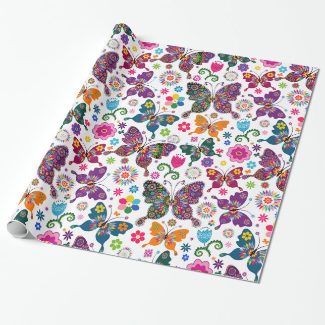 Papier Cadeau Motif de papillons et fleurs colorés (Déroulé)