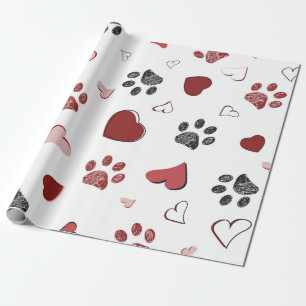 Papier Cadeau Motif de patte et de cœurs gribouillés