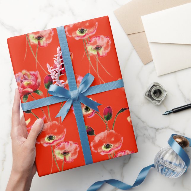 Papier Cadeau Motif De Pavot En Rouge (Cadeaux)