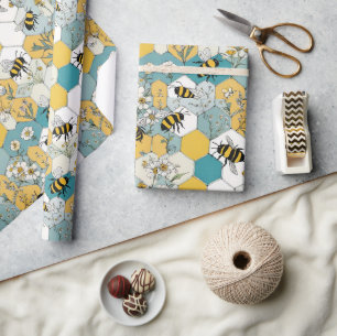 Papier Cadeau Motif de peigne d'abeille Floral avec marguerites