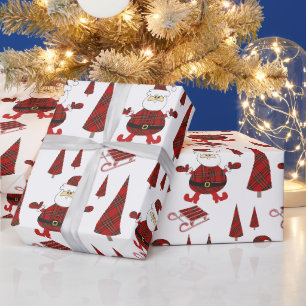 Papier Cadeau Motif de Père Noël à tartan rouge mode