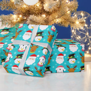 Papier Cadeau Motif de personnages de Noël mignons sur fond bleu