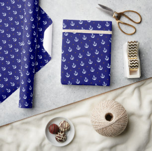 Papier Cadeau Motif de petites Ancres blanches bleu