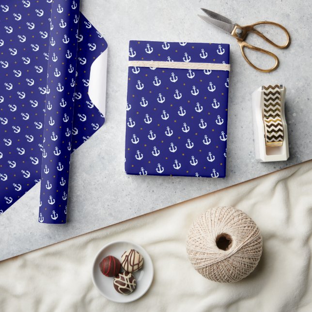 Papier Cadeau Motif de petites Ancres blanches bleu (Artisanat)