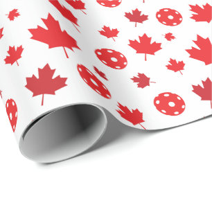 Papier Cadeau Motif de pickleball canadien blanc et rouge Wrappi