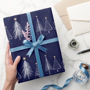 Papier Cadeau Motif de pins de Noël d'hiver bleu marine
