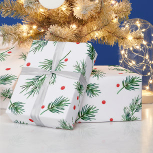 Papier Cadeau Motif de pins et de baies aquarelles