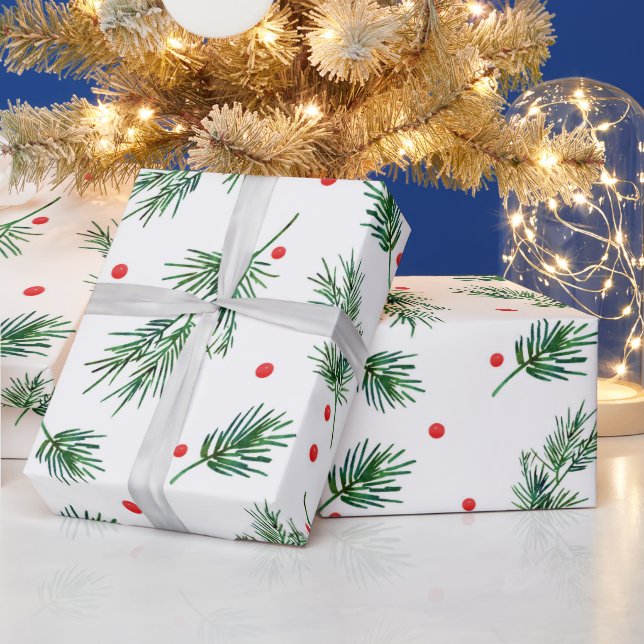 Papier Cadeau Motif de pins et de baies aquarelles (Vacances)