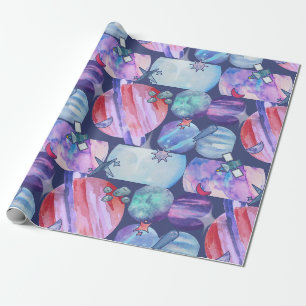 Papier Cadeau Motif de planètes spatiales à l'aquarelle