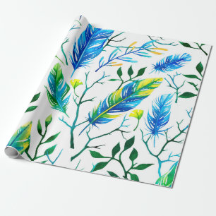 Papier Cadeau Motif de plumes et de feuille d'aquarelles