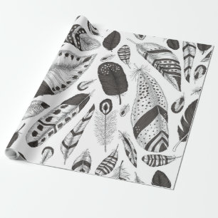 Papier Cadeau Motif de plumes noir et blanc
