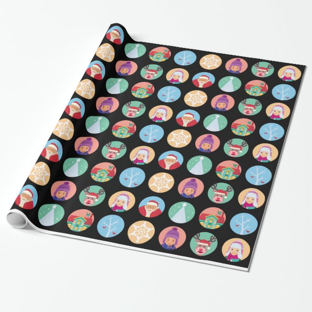 Papier Cadeau Motif de point d'amis de Noël (noir) (Déroulé)