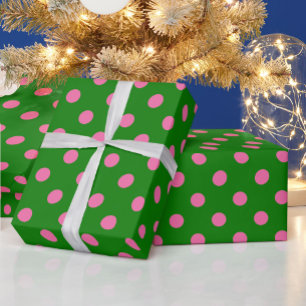 Papier Cadeau Motif de pois roses sur fond vert 