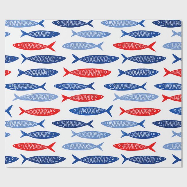 Papier Cadeau Motif de poisson d'été nautique côtier (Plat)