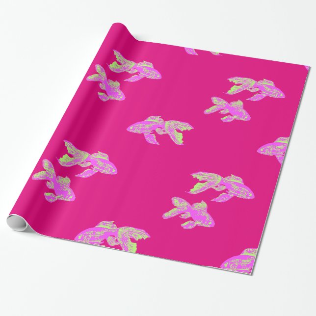 Papier Cadeau motif de poisson rouge rose (Déroulé)