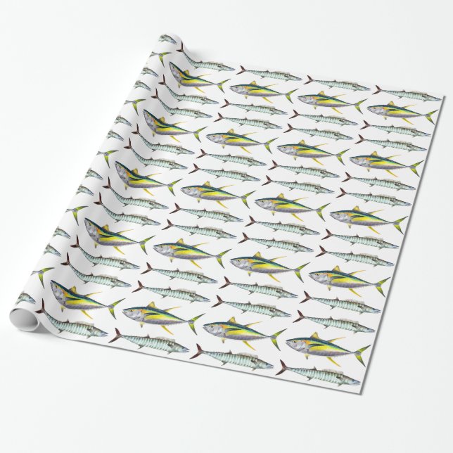 Papier Cadeau motif de poissons jauniers et wahoo (Déroulé)