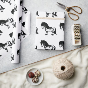 Papier Cadeau Motif de poney Shetland Pinto noir Poney de dessin