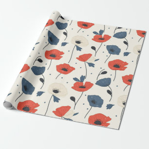 Papier Cadeau Motif de Poppies d'aquarelle - Rouge, Bleu et Blan