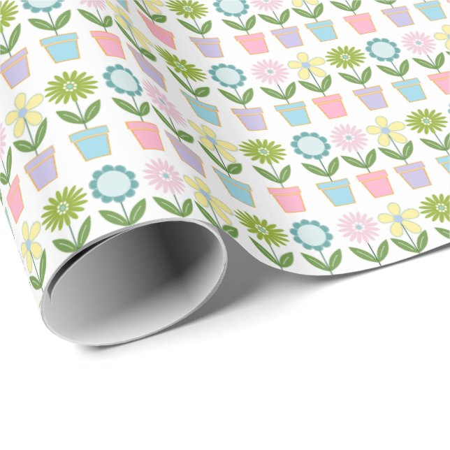 Papier Cadeau Motif de pots de fleurs pastel (Coin rond)