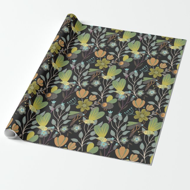 Papier Cadeau Motif de printemps foncé (Déroulé)