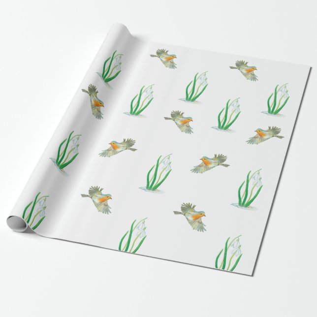 Papier Cadeau Motif de printemps Red Robin Birds et Snowdrops (Déroulé)