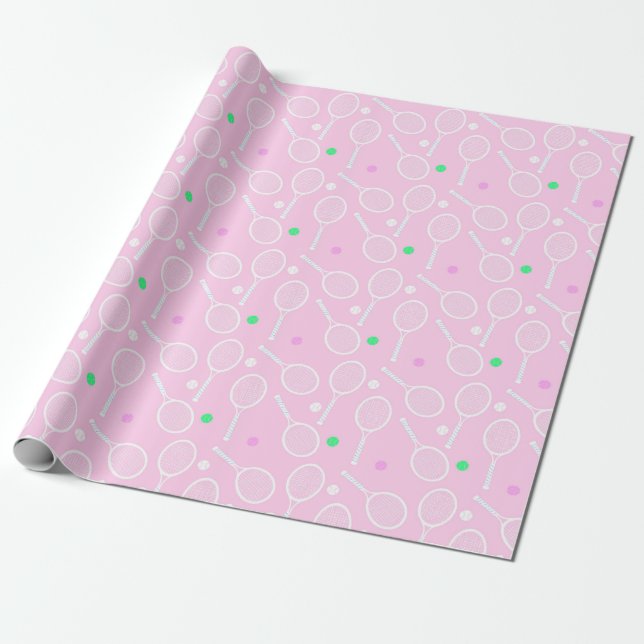 Papier Cadeau Motif de raquette de tennis rose (Déroulé)