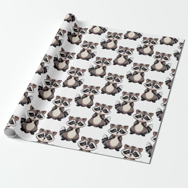 Papier Cadeau Motif de Raton Laveur Blanc  (Déroulé)