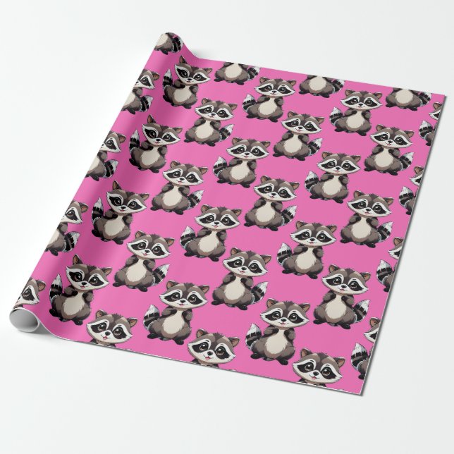 Papier Cadeau Motif de Raton Laveur Rose  (Déroulé)