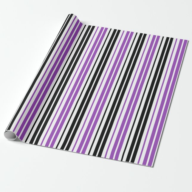 Papier Cadeau Motif de rayures blanches noires violettes  (Déroulé)