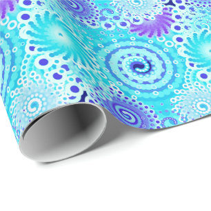 Papier Cadeau Motif de remous de fractale, turquoise, aqua, bleu