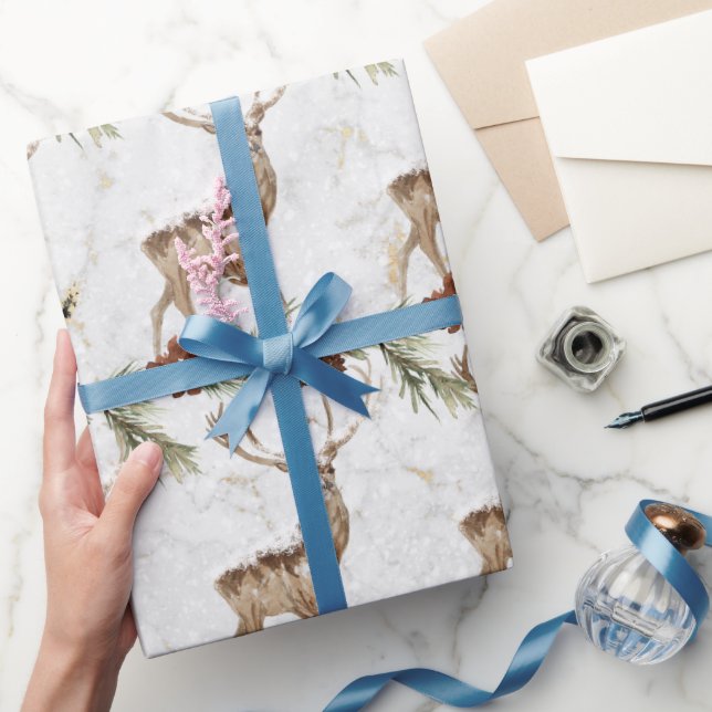 Papier Cadeau Motif de rennes mignon avec branche de sapin et pi (Cadeaux)