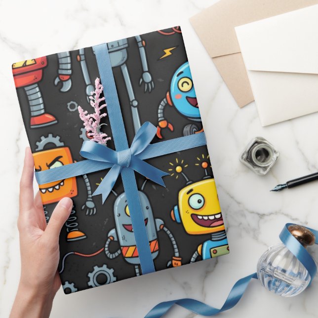 Papier Cadeau Motif de robots et de monstres rétro mignons (Cadeaux)