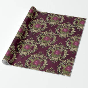 Papier Cadeau Motif de rose burgundy et or vintage Paris