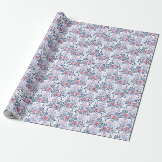 Papier Cadeau Motif de rose de rose et de bleu (Déroulé)