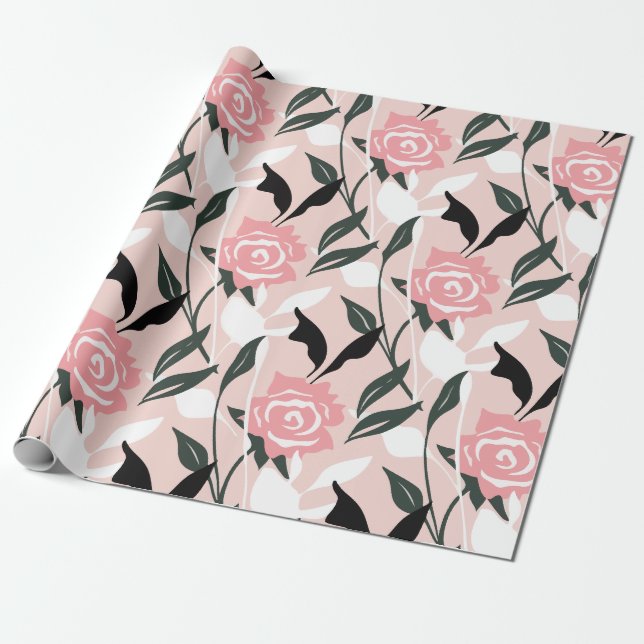 Papier Cadeau Motif de rose rose (Déroulé)