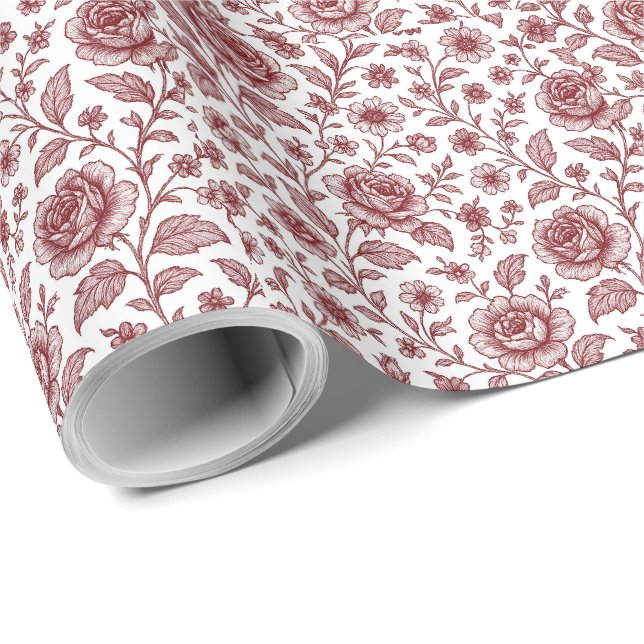 Papier Cadeau Motif de rose vintage rouge foncé  (Coin rond)