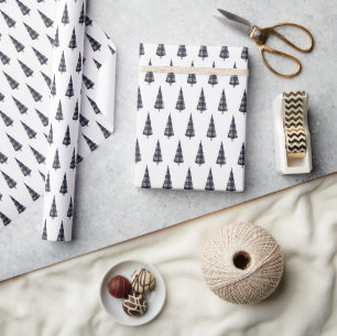 Papier Cadeau Motif de sapin de Noël à carreaux bleus