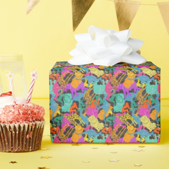 Papier Cadeau Motif de silhouettes animales rétro (Fête d'anniversaire)