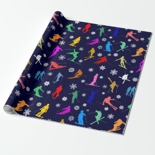 Papier Cadeau Motif De Skieurs. Silhouettes Colorées Sur Foncé