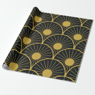 Papier Cadeau Motif de soleil doré Art Déco élégant sur fond noi