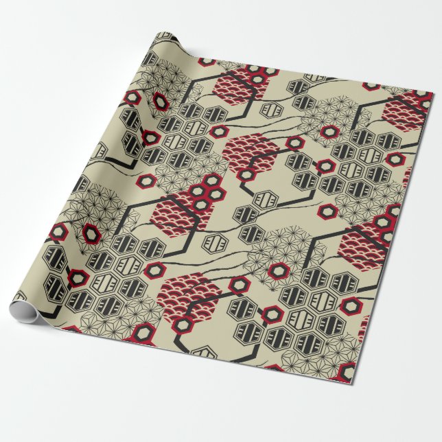 Papier Cadeau motif de style asiatique hexagone rouge et noir (Déroulé)