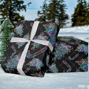 Papier Cadeau Motif de Sucre de canne de Noël Black Light