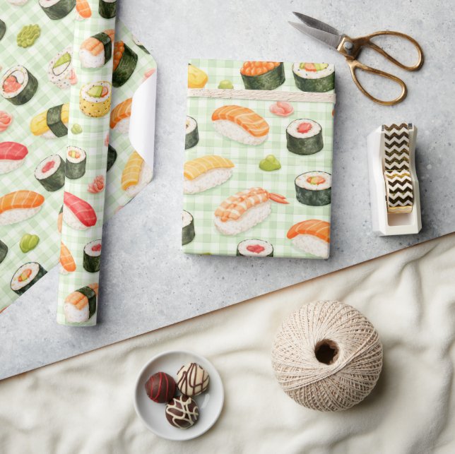 Papier Cadeau Motif de sushi sur une grille vert clair (Artisanat)
