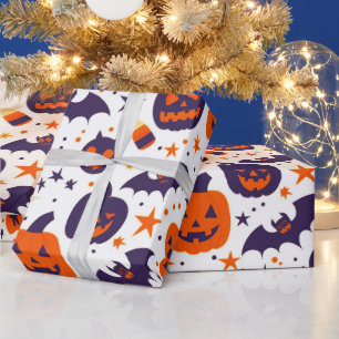 Papier Cadeau Motif de symbole d'Halloween violet orange blanc