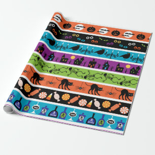 Papier Cadeau Motif de symboles colorés d'Halloween en bandes