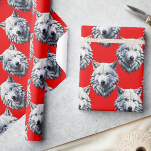 Papier Cadeau Motif de tête de loup blanc - Rouge