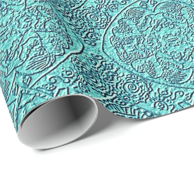 Papier Cadeau Motif de texture turquoise damasse (Coin rond)