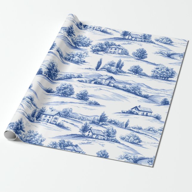 Papier Cadeau Motif de toile botanique bleue (Déroulé)