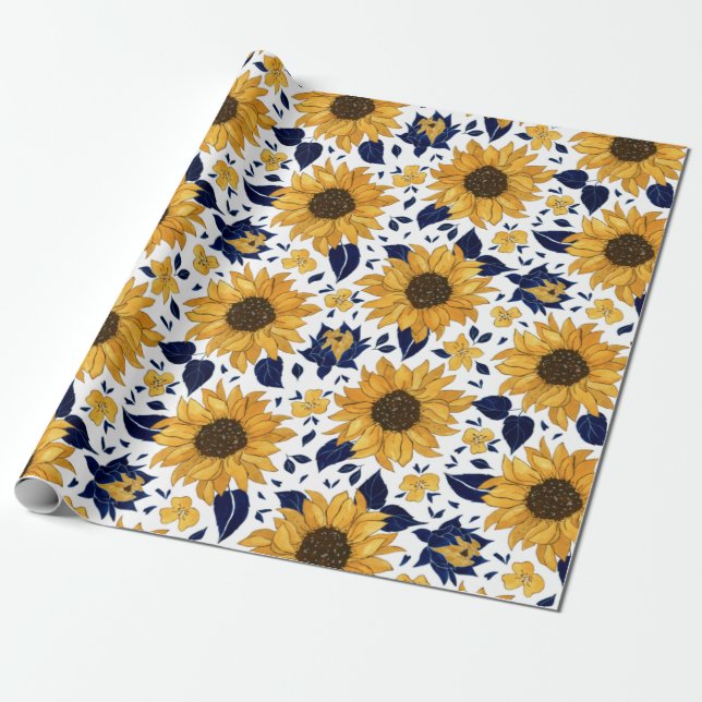 Papier Cadeau Motif de tournesol aquarelle (Déroulé)