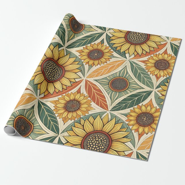 Papier Cadeau Motif de tournesol et feuille | Découpe inspirée d (Déroulé)